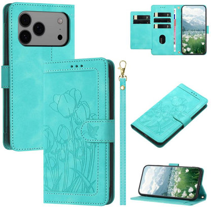 Tulips Embossed Leather Phone Case with Lanyard, For iPhone 17e / 16e, For iPhone 17 Pro Max, For iPhone 17 Pro, For iPhone 17