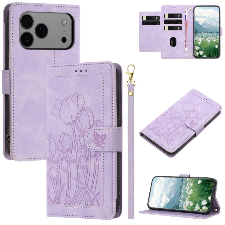 Tulips Embossed Leather Phone Case with Lanyard, For iPhone 17e / 16e, For iPhone 17 Pro Max, For iPhone 17 Pro, For iPhone 17