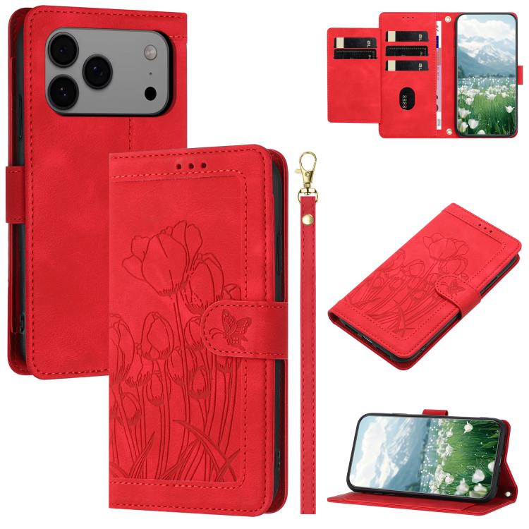 Tulips Embossed Leather Phone Case with Lanyard, For iPhone 17e / 16e, For iPhone 17 Pro Max, For iPhone 17 Pro, For iPhone 17