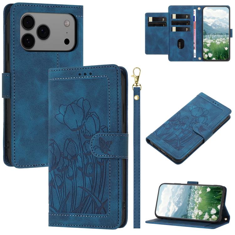 Tulips Embossed Leather Phone Case with Lanyard, For iPhone 17e / 16e, For iPhone 17 Pro Max, For iPhone 17 Pro, For iPhone 17