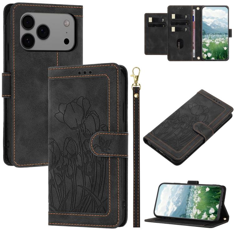 Tulips Embossed Leather Phone Case with Lanyard, For iPhone 17e / 16e, For iPhone 17 Pro Max, For iPhone 17 Pro, For iPhone 17