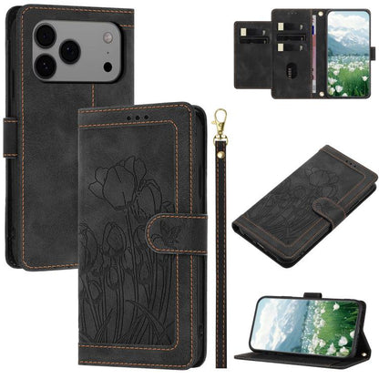 Tulips Embossed Leather Phone Case with Lanyard, For iPhone 17e / 16e, For iPhone 17 Pro Max, For iPhone 17 Pro, For iPhone 17