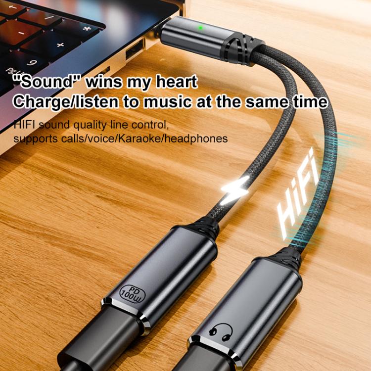 2 in 1 Type-C Male to PD 100W Type-C Charging and Type-C Audio Female Earphone Adapter