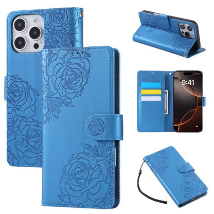 Rose Flower Embossed 3-Card Slots Leather Phone Case, For iPhone Air, For iPhone 16 Pro Max, For iPhone 16 Pro, For iPhone 16 Plus