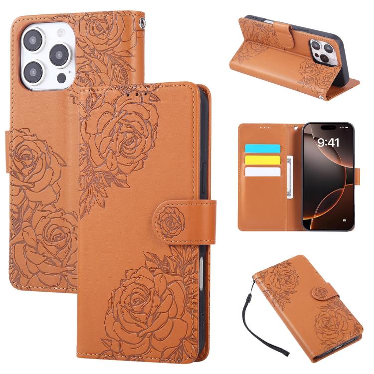 Rose Flower Embossed 3-Card Slots Leather Phone Case, For iPhone Air, For iPhone 16 Pro Max, For iPhone 16 Pro, For iPhone 16 Plus