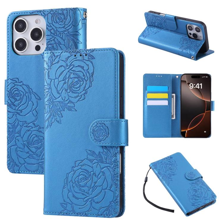 Rose Flower Embossed 3-Card Slots Leather Phone Case, For iPhone 16e, For iPhone 16 Pro Max, For iPhone 16 Pro, For iPhone 16 Plus