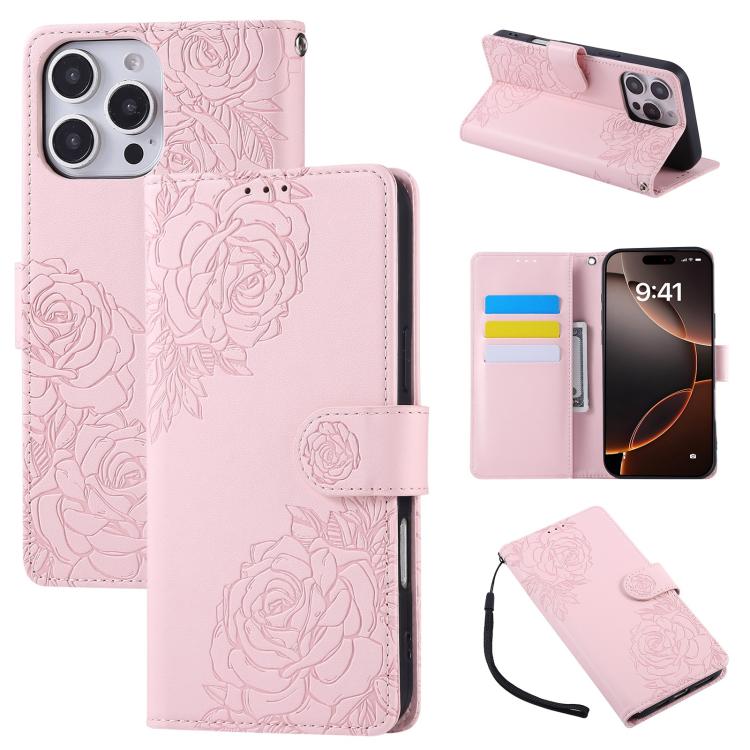 Rose Flower Embossed 3-Card Slots Leather Phone Case, For iPhone Air, For iPhone 16 Pro Max, For iPhone 16 Pro, For iPhone 16 Plus
