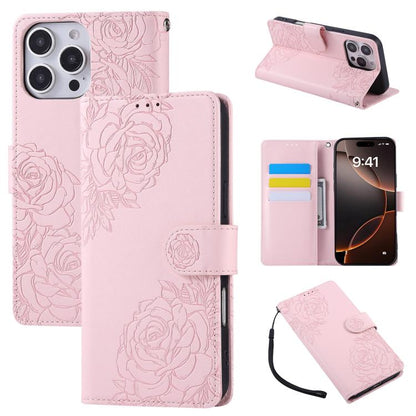Rose Flower Embossed 3-Card Slots Leather Phone Case, For iPhone Air, For iPhone 16 Pro Max, For iPhone 16 Pro, For iPhone 16 Plus