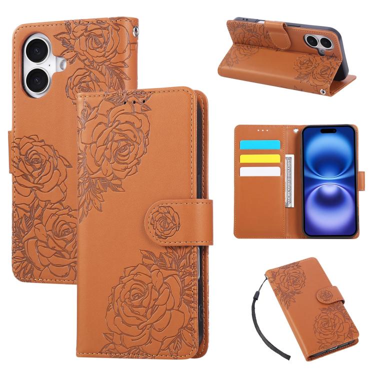 Rose Flower Embossed 3-Card Slots Leather Phone Case, For iPhone Air, For iPhone 16 Pro Max, For iPhone 16 Pro, For iPhone 16 Plus