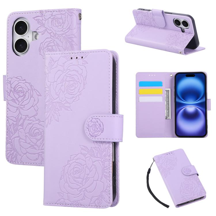 Rose Flower Embossed 3-Card Slots Leather Phone Case, For iPhone 16e, For iPhone 16 Pro Max, For iPhone 16 Pro, For iPhone 16 Plus