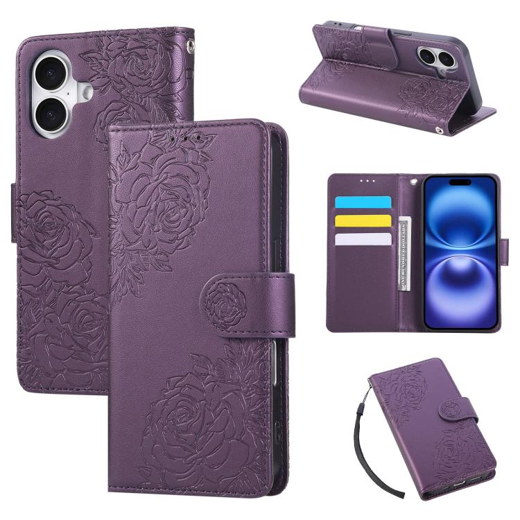 Rose Flower Embossed 3-Card Slots Leather Phone Case, For iPhone Air, For iPhone 16 Pro Max, For iPhone 16 Pro, For iPhone 16 Plus