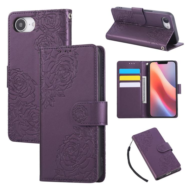 Rose Flower Embossed 3-Card Slots Leather Phone Case, For iPhone 16e, For iPhone 16 Pro Max, For iPhone 16 Pro, For iPhone 16 Plus
