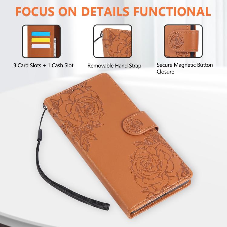 Rose Flower Embossed 3-Card Slots Leather Phone Case, For iPhone 15, For iPhone 14 / 13, For iPhone 14 Pro, For iPhone 14 Pro Max