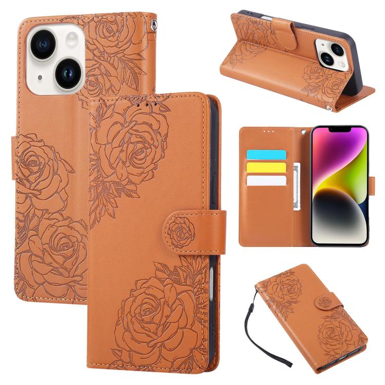 Rose Flower Embossed 3-Card Slots Leather Phone Case, For iPhone 15, For iPhone 14 / 13, For iPhone 14 Pro, For iPhone 14 Pro Max