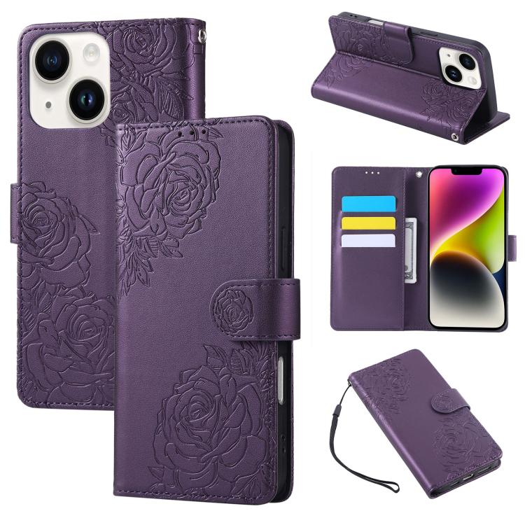 Rose Flower Embossed 3-Card Slots Leather Phone Case, For iPhone 15, For iPhone 14 / 13, For iPhone 14 Pro, For iPhone 14 Pro Max