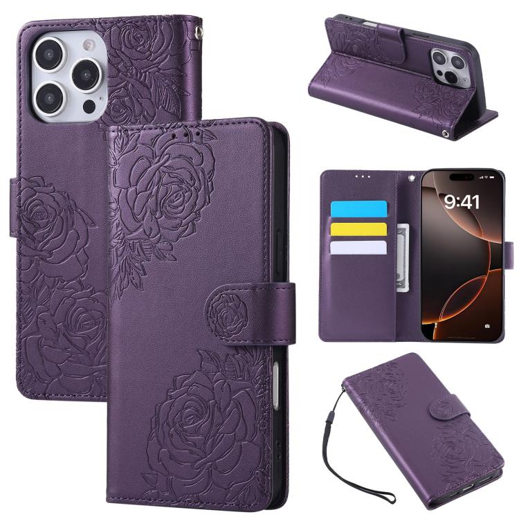 Rose Flower Embossed 3-Card Slots Leather Phone Case, For iPhone 15, For iPhone 14 / 13, For iPhone 14 Pro, For iPhone 14 Pro Max