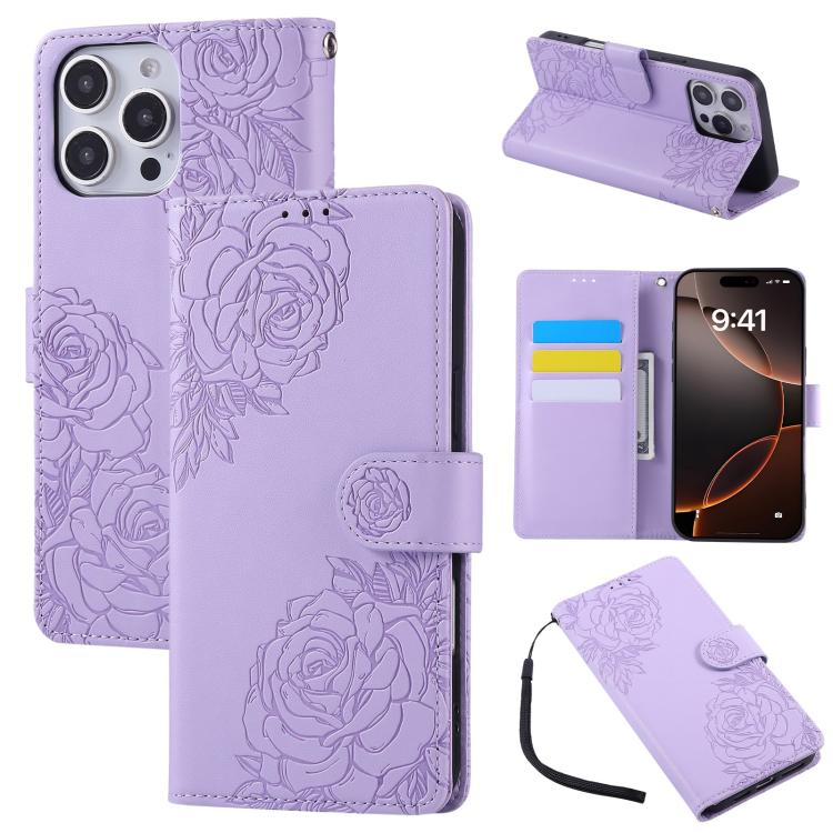 Rose Flower Embossed 3-Card Slots Leather Phone Case, For iPhone 16, For iPhone 15 Pro Max, For iPhone 15 Pro, For iPhone 15 Plus / 14 Plus