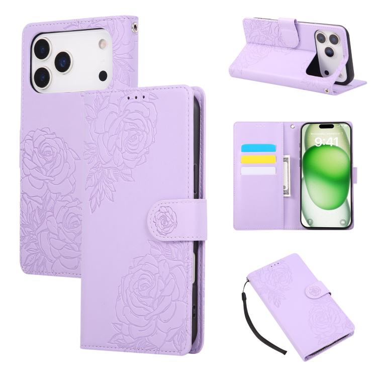 Rose Flower Embossed 3-Card Slots Leather Phone Case, For iPhone 17e / 16e, For iPhone 17 Pro Max, For iPhone 17 Pro, For iPhone 17