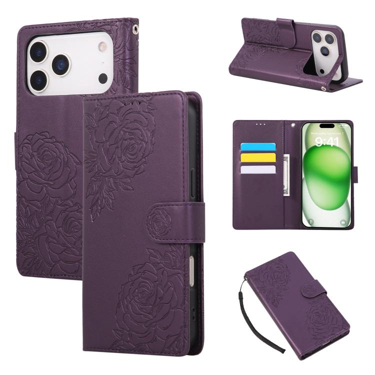 Rose Flower Embossed 3-Card Slots Leather Phone Case, For iPhone 17e / 16e, For iPhone 17 Pro Max, For iPhone 17 Pro, For iPhone 17