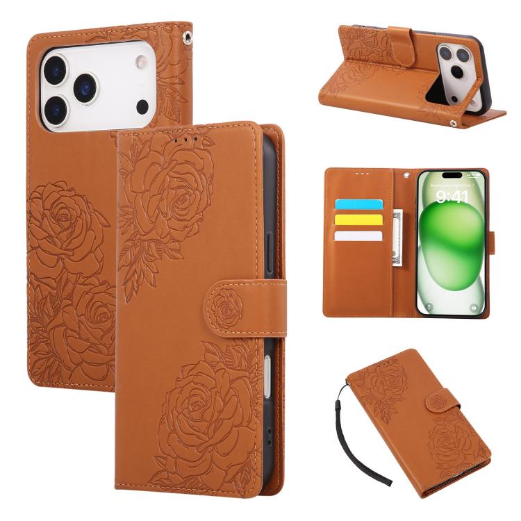 Rose Flower Embossed 3-Card Slots Leather Phone Case, For iPhone 17e / 16e, For iPhone 17 Pro Max, For iPhone 17 Pro, For iPhone 17