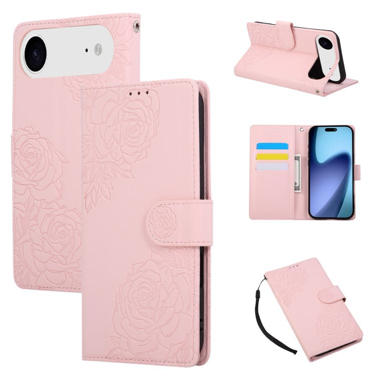 Rose Flower Embossed 3-Card Slots Leather Phone Case, For iPhone Air, For iPhone 16 Pro Max, For iPhone 16 Pro, For iPhone 16 Plus