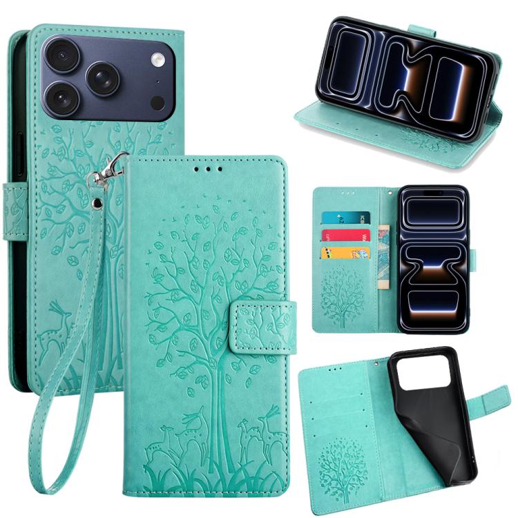 Tree & Deer Embossed Leather Phone Case, For iPhone 17e / 16e, For iPhone 17 Pro Max, For iPhone 17 Pro, For iPhone 17