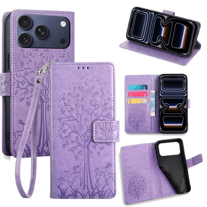 Tree & Deer Embossed Leather Phone Case, For iPhone 17e / 16e, For iPhone 17 Pro Max, For iPhone 17 Pro, For iPhone 17