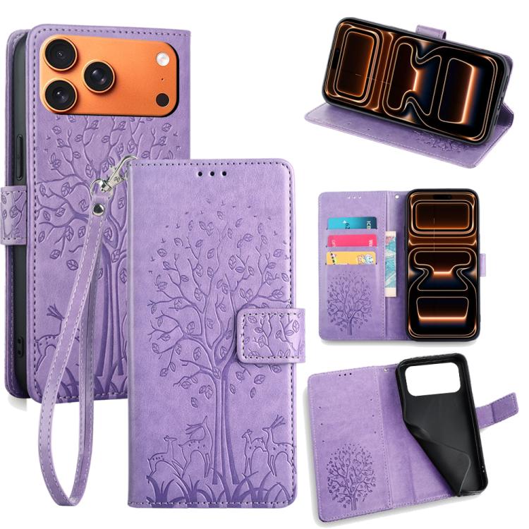 Tree & Deer Embossed Leather Phone Case, For iPhone 17e / 16e, For iPhone 17 Pro Max, For iPhone 17 Pro, For iPhone 17