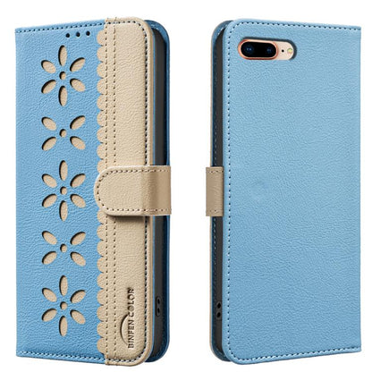 Splicing Color Hollow Flower Pattern RFID Leather Phone Case, For iPhone XS Max, For iPhone 6 Plus / 7 Plus / 8 Plus, For iPhone 6 / 7 / 8