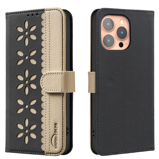 Splicing Color Hollow Flower Pattern RFID Leather Phone Case, For iPhone 13 Pro Max, For iPhone 13 Pro, For iPhone 12 / 12 Pro, For iPhone 12 Pro Max