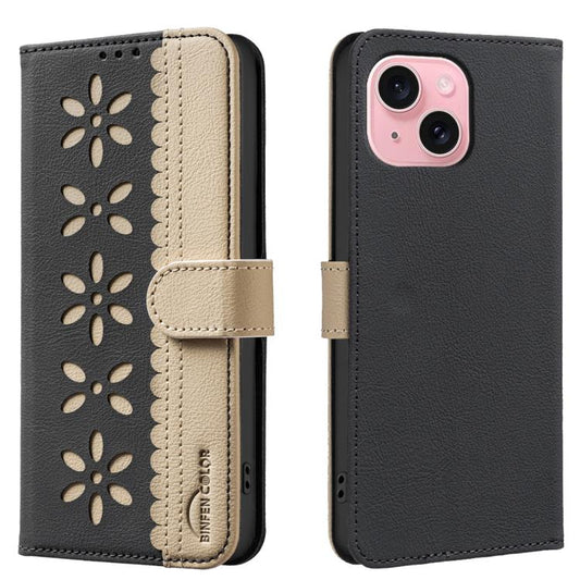 Splicing Color Hollow Flower Pattern RFID Leather Phone Case, For iPhone 15, For iPhone 13 / 14, For iPhone 14 Pro, For iPhone 14 Pro Max