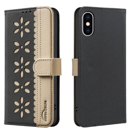 Splicing Color Hollow Flower Pattern RFID Leather Phone Case, For iPhone XS Max, For iPhone 6 Plus / 7 Plus / 8 Plus, For iPhone 6 / 7 / 8