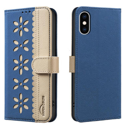 Splicing Color Hollow Flower Pattern RFID Leather Phone Case, For iPhone XS Max, For iPhone 6 Plus / 7 Plus / 8 Plus, For iPhone 6 / 7 / 8