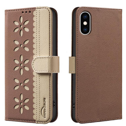 Splicing Color Hollow Flower Pattern RFID Leather Phone Case, For iPhone XS Max, For iPhone 6 Plus / 7 Plus / 8 Plus, For iPhone 6 / 7 / 8