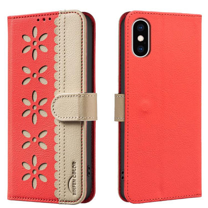 Splicing Color Hollow Flower Pattern RFID Leather Phone Case, For iPhone XS Max, For iPhone 6 Plus / 7 Plus / 8 Plus, For iPhone 6 / 7 / 8