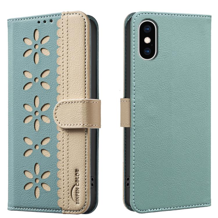 Splicing Color Hollow Flower Pattern RFID Leather Phone Case, For iPhone XS Max, For iPhone 6 Plus / 7 Plus / 8 Plus, For iPhone 6 / 7 / 8