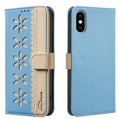 Splicing Color Hollow Flower Pattern RFID Leather Phone Case, For iPhone XS Max, For iPhone 6 Plus / 7 Plus / 8 Plus, For iPhone 6 / 7 / 8