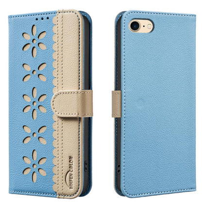 Splicing Color Hollow Flower Pattern RFID Leather Phone Case, For iPhone XS Max, For iPhone 6 Plus / 7 Plus / 8 Plus, For iPhone 6 / 7 / 8