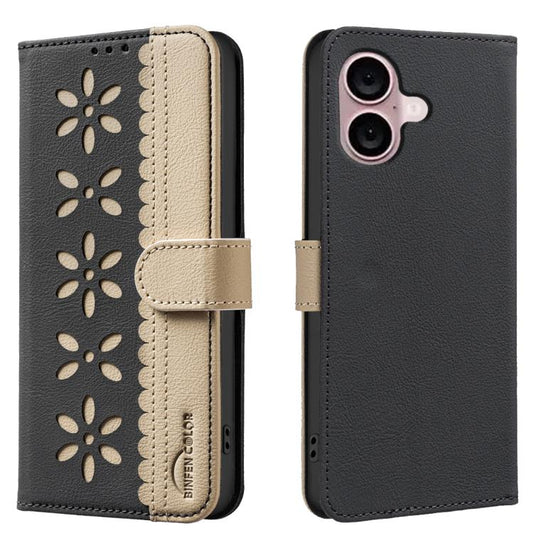 Splicing Color Hollow Flower Pattern RFID Leather Phone Case, For iPhone 16, For iPhone 15 Pro Max, For iPhone 15 Pro, For iPhone 14 Plus / 15 Plus
