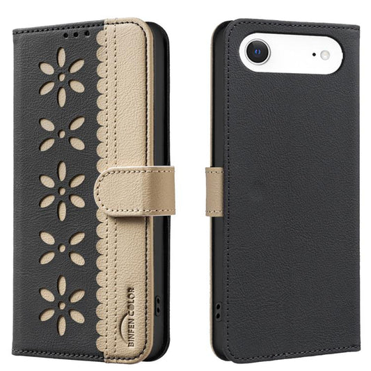 Splicing Color Hollow Flower Pattern RFID Leather Phone Case, For iPhone Air, For iPhone 16 Pro Max, For iPhone 16 Pro, For iPhone 16 Plus