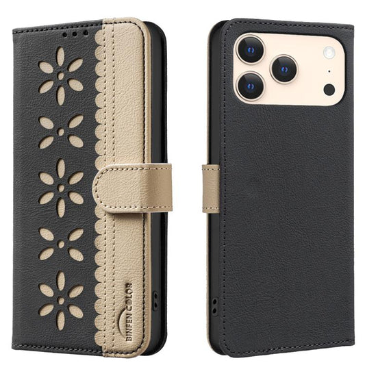 Splicing Color Hollow Flower Pattern RFID Leather Phone Case, For iPhone 17 Pro Max, For iPhone 17 Pro, For iPhone 17, For iPhone Air