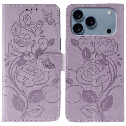 Rose Butterfly Embossed Leather Phone Case, For iPhone 17e / 16e, For iPhone 17 Pro Max, For iPhone 17 Pro, For iPhone 17