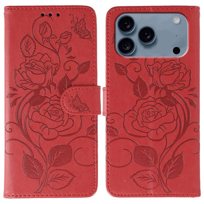 Rose Butterfly Embossed Leather Phone Case, For iPhone 17e / 16e, For iPhone 17 Pro Max, For iPhone 17 Pro, For iPhone 17