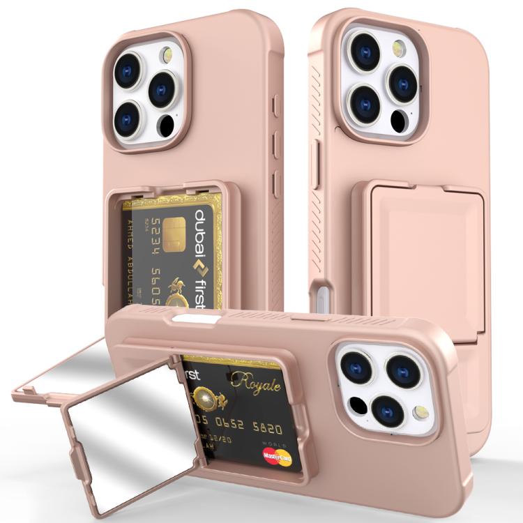 Skin Feel TPU Hidden Mirror Card Bag Phone Case with Stand, For iPhone 16e, For iPhone 16 Pro Max, For iPhone 16 Pro, For iPhone 16 Plus