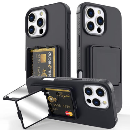 Skin Feel TPU Hidden Mirror Card Bag Phone Case with Stand, For iPhone 16e, For iPhone 16 Pro Max, For iPhone 16 Pro, For iPhone 16 Plus