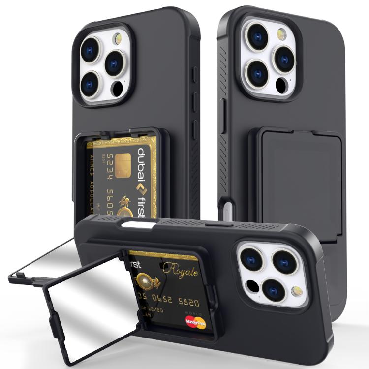 Skin Feel TPU Hidden Mirror Card Bag Phone Case with Stand, For iPhone 16e, For iPhone 16 Pro Max, For iPhone 16 Pro, For iPhone 16 Plus