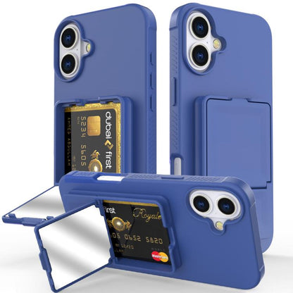 Skin Feel TPU Hidden Mirror Card Bag Phone Case with Stand, For iPhone 16e, For iPhone 16 Pro Max, For iPhone 16 Pro, For iPhone 16 Plus