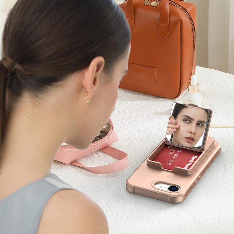 Skin Feel TPU Hidden Mirror Card Bag Phone Case with Stand, For iPhone 16e, For iPhone 16 Pro Max, For iPhone 16 Pro, For iPhone 16 Plus