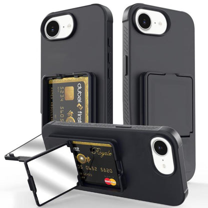 Skin Feel TPU Hidden Mirror Card Bag Phone Case with Stand, For iPhone 16e, For iPhone 16 Pro Max, For iPhone 16 Pro, For iPhone 16 Plus
