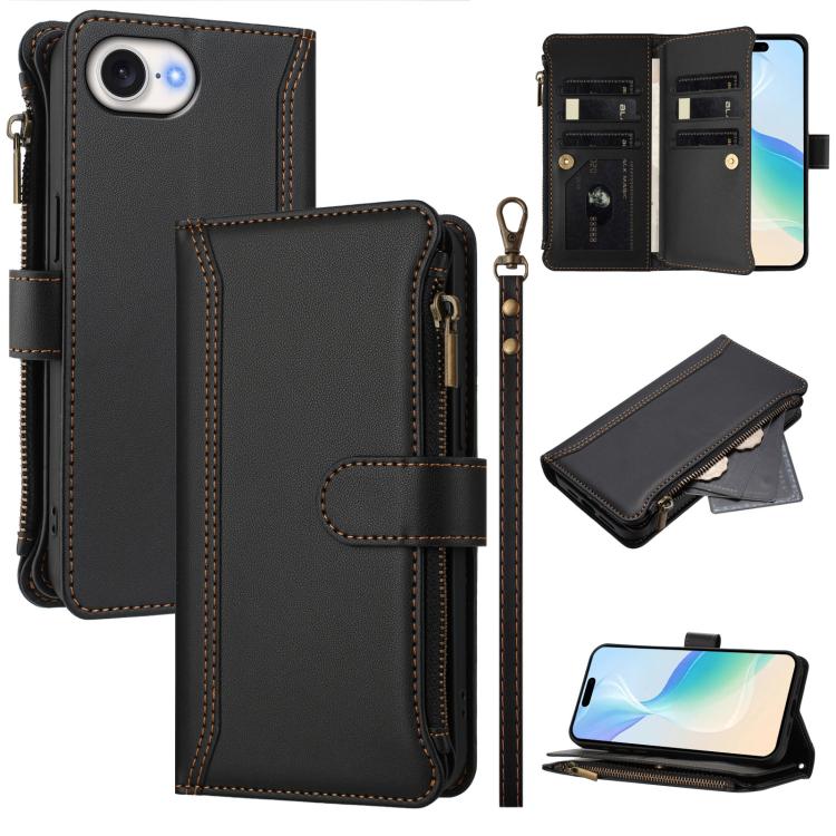 Magnetic Closure 9 Card Slots Zipper Leather Case with Hand Strap, For iPhone 18 Pro / 17 Pro, For iPhone 18 Pro Max / 17 Pro Max, For iPhone 17e / 16e, For iPhone 17